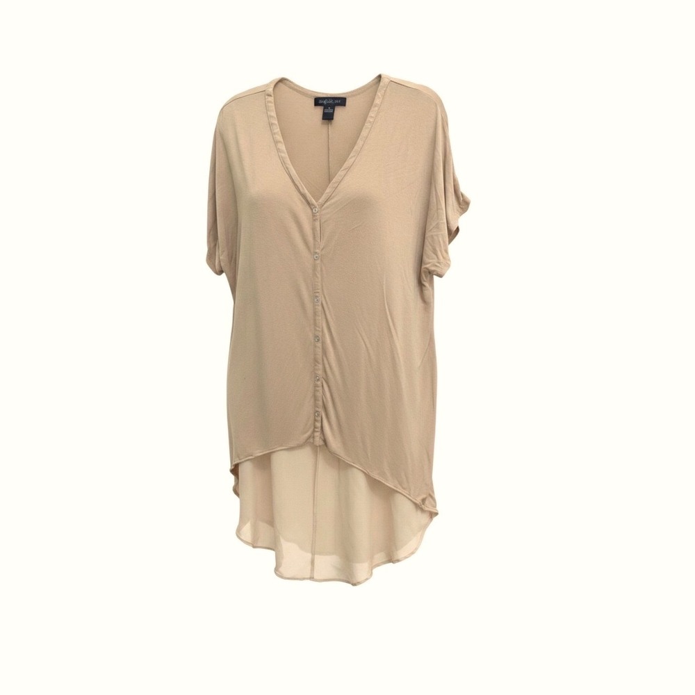 August Silk XL Tan Mixed Media Split Back High Low Tunic Top Neutral Minimalist